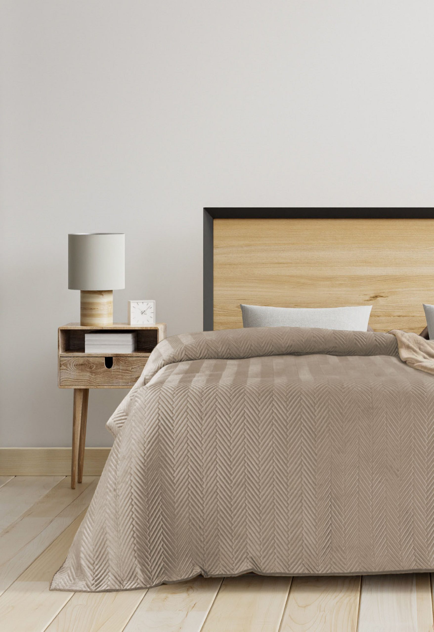 Bedroom interior in farmhouse style,white wall mockup,3d rendering