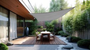 Modern Patio with Wooden Deck and White Sail Shade